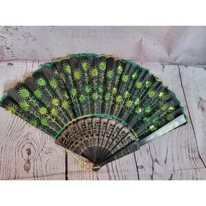 Peacock Emerald Green Embroidered Fabric Folds Handheld Fan Sequin Party Bridal